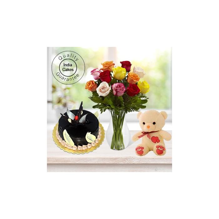 Eggless Chocolate Truffle Cake 1 Kg with 6 Mix Roses Bunch and a Teddy Bear
