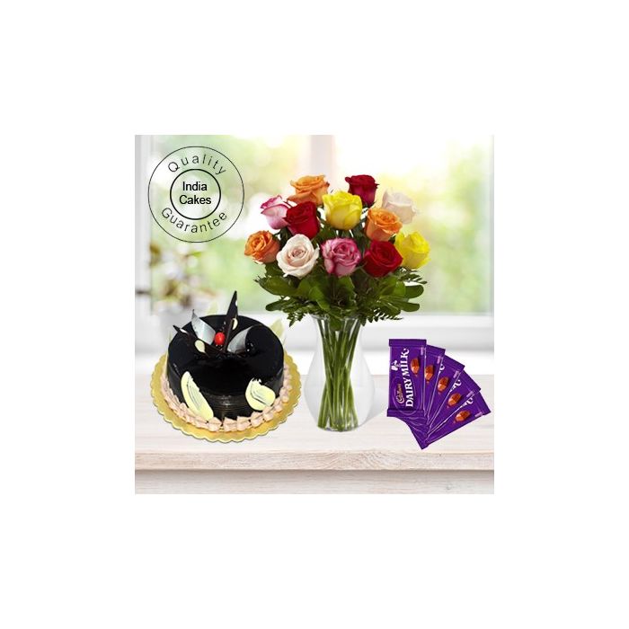 1 Kg Chocolate Truffle Cake-6 Mix Roses Bunch-Teddy Bear 1 Kg Chocolate Truffle Cake-6 Mix Roses Bunch-Teddy Bear