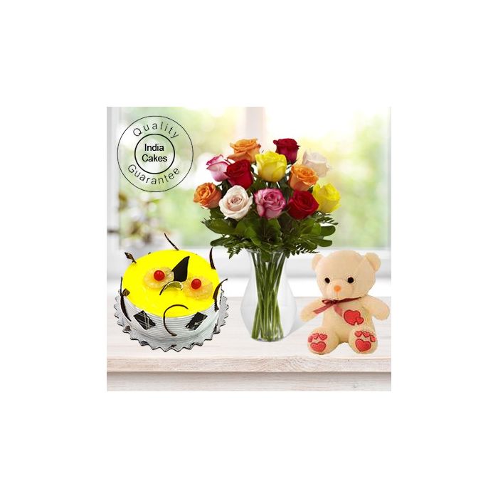 1 Kg Pineapple Cake-6 Mix Roses Bunch-Teddy Bear 1 Kg Pineapple Cake-6 Mix Roses Bunch-Teddy Bear