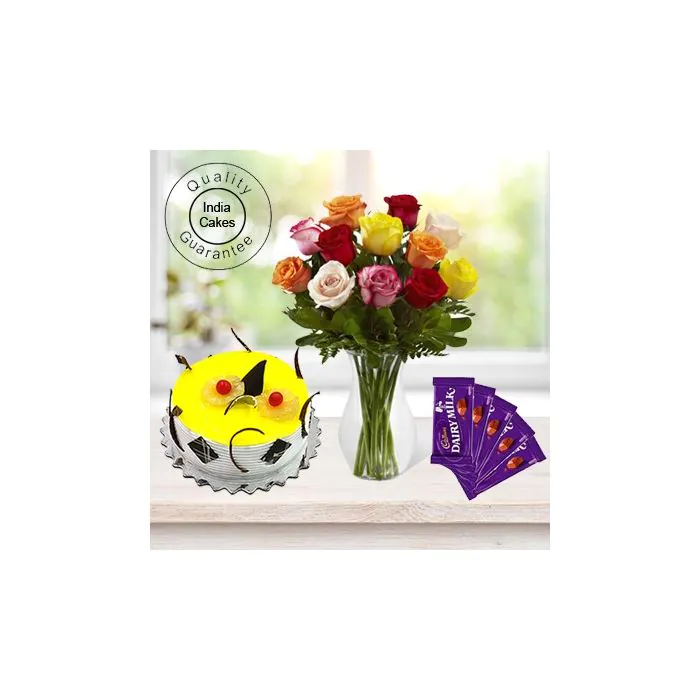 Half Kg Pineapple Cake-6 Mix Roses Bunch-5 Chocolates