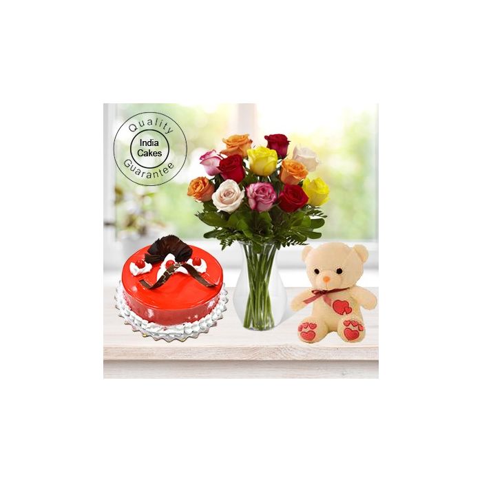 Eggless Strawberry Cake Half Kg with 6 Mix Roses Bunch and a Teddy Bear Eggless Strawberry Cake Half Kg with 6 Mix Roses Bunch and a Teddy Bear