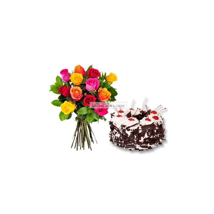 1 Kg Black Forest Cake with 12 Mix Roses Bunch 1 Kg Black Forest Cake with 12 Mix Roses Bunch