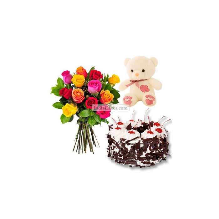 Eggless Black Forest Cake 1 Kg with 6 Mix Roses Bunch and a Teddy Bear Eggless Black Forest Cake 1 Kg with 6 Mix Roses Bunch and a Teddy Bear