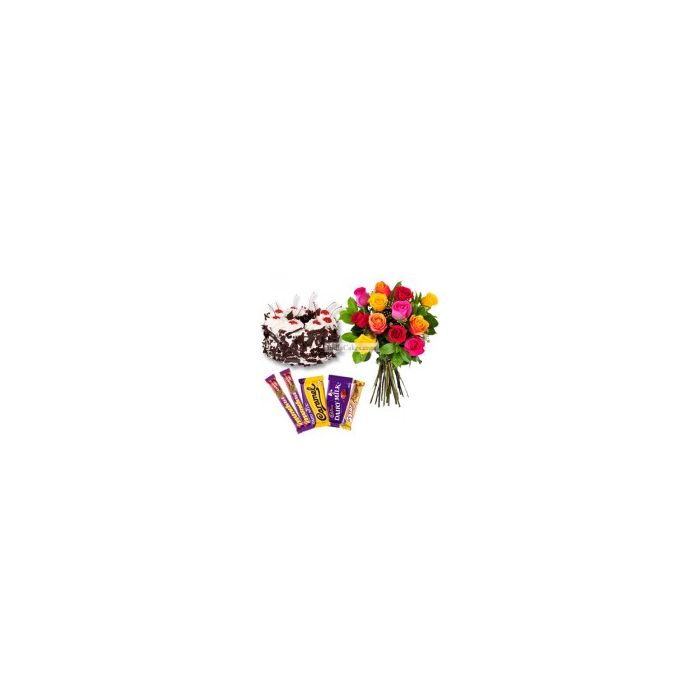 Eggless Black Forest Cake Half Kg with 6 Mix Roses Bunch and 5 Chocolates Eggless Black Forest Cake Half Kg with 6 Mix Roses Bunch and 5 Chocolates