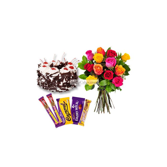 Half Kg Black Forest Cake-6 Mix Roses Bunch-5Chocolates Half Kg Black Forest Cake-6 Mix Roses Bunch-5Chocolates
