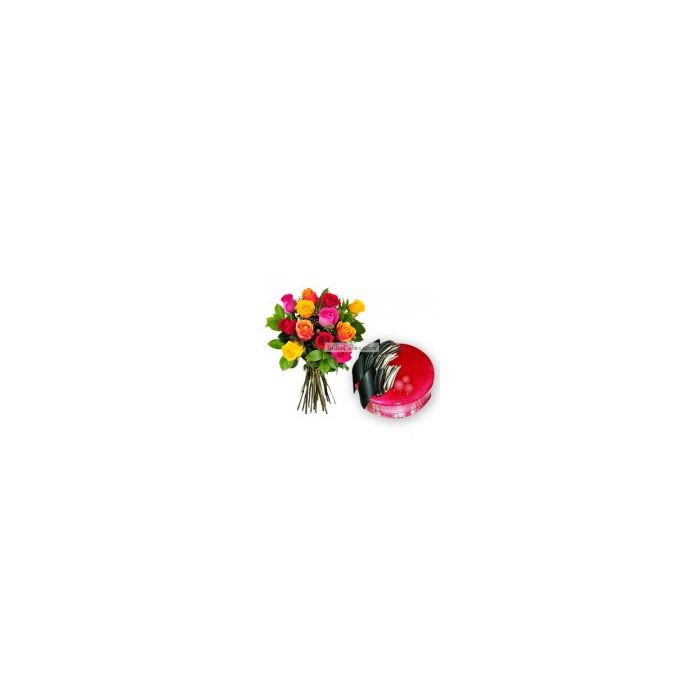 Eggless Strawberry Cake Half Kg with 12 Mix Roses Bunch Eggless Strawberry Cake Half Kg with 12 Mix Roses Bunch