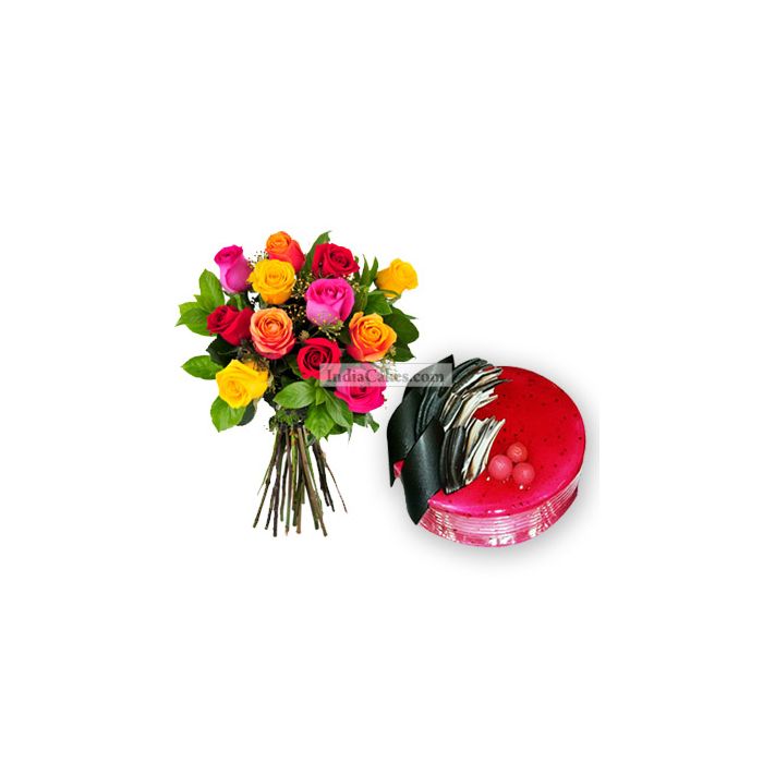Strawberry Cake 1 Kg with 6 Mix Roses Bunch Strawberry Cake 1 Kg with 6 Mix Roses Bunch