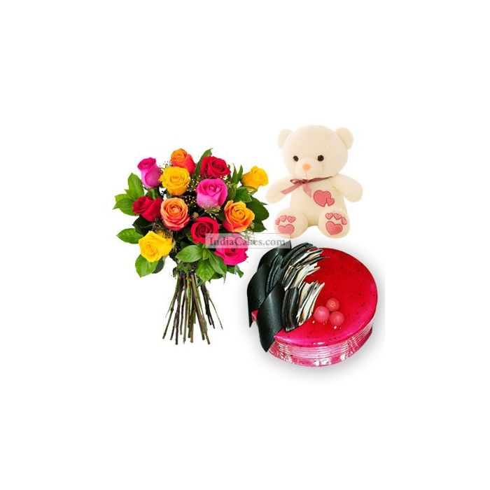 Eggless Strawberry Cake 1 Kg with 6 Mix Roses Bunch and a Teddy Bear Eggless Strawberry Cake 1 Kg with 6 Mix Roses Bunch and a Teddy Bear