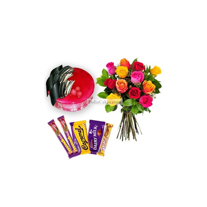 Eggless Strawberry Cake Half Kg with 6 Mix Roses Bunch and 5 Chocolates