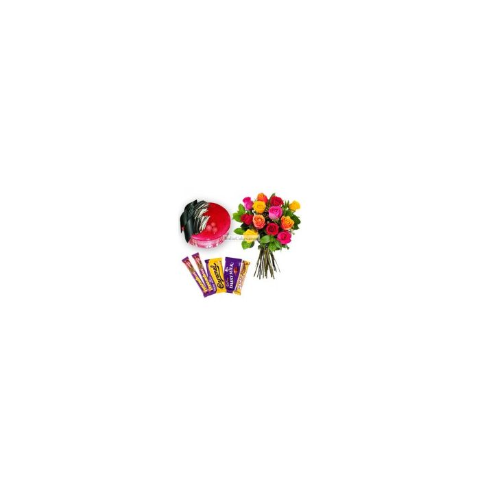 Eggless Strawberry Cake 1 Kg with 6 Mix Roses Bunch and 5 Chocolates