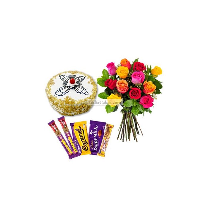 Eggless Butterscotch Cake Half Kg with 6 Mix Roses Bunch and 5 Chocolates
