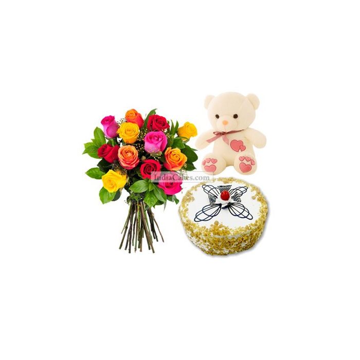 Half Kg Butter Scotch Cake-6 Mix Roses Bunch-Teddy Bear