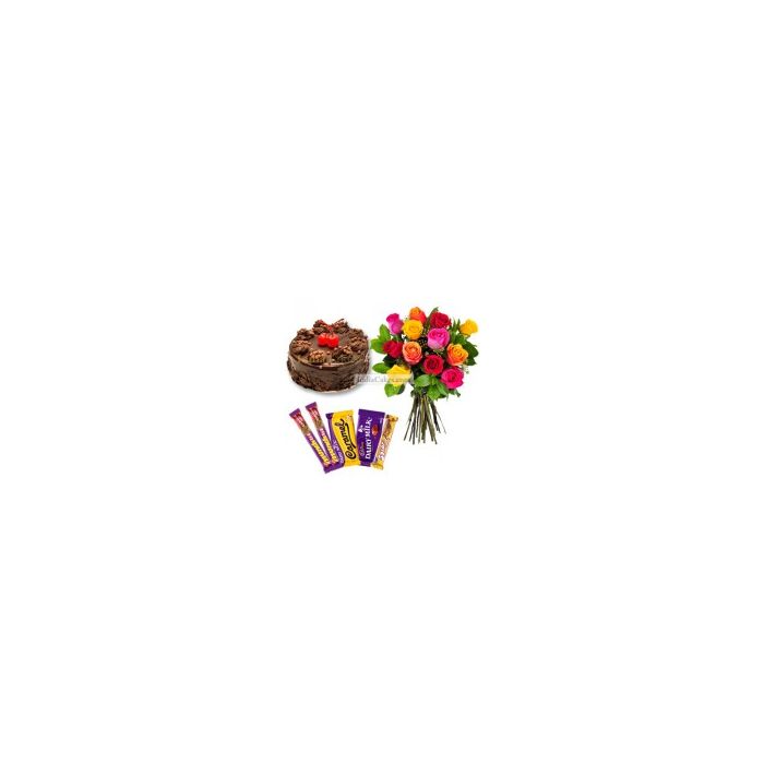 Eggless Chocolate Truffle Cake Half Kg with 6 Mix Roses Bunch and 5 Chocolates Eggless Chocolate Truffle Cake Half Kg with 6 Mix Roses Bunch and 5 Chocolates