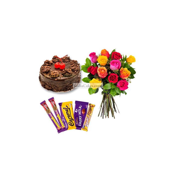 1 Kg Chocolate Truffle Cake-6 Mix Roses Bunch-5 Chocolates