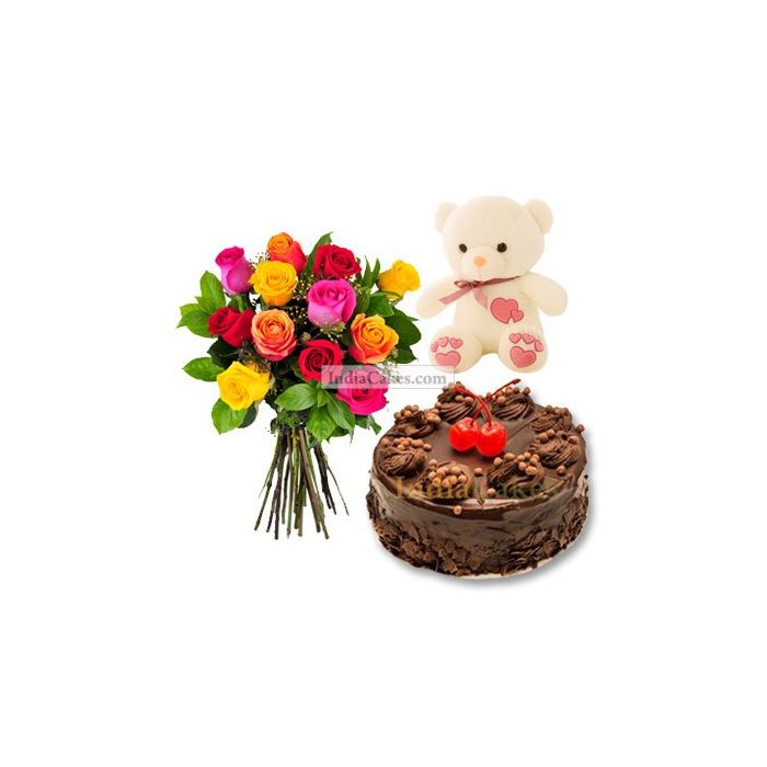 Half Kg Chocolate Truffle Cake-6 Mix Roses Bunch-Teddy Bear