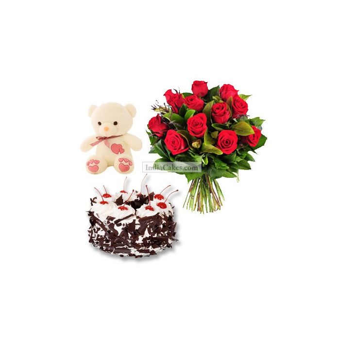 Black Forest Cake Half Kg with 6 Red Roses Bunch and a Teddy Bear Black Forest Cake Half Kg with 6 Red Roses Bunch and a Teddy Bear