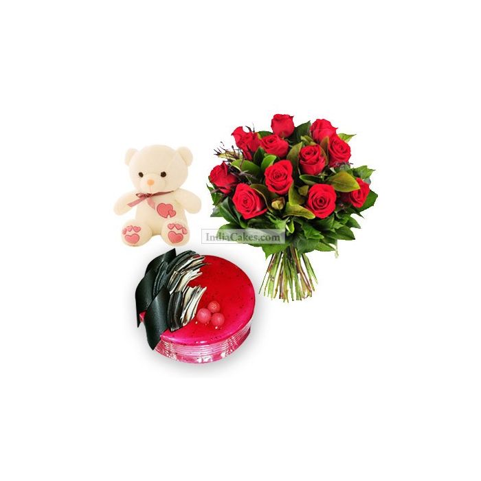 1 Kg Strawberry Cake-6 Red Roses Bunch-Teddy Bear 1 Kg Strawberry Cake-6 Red Roses Bunch-Teddy Bear
