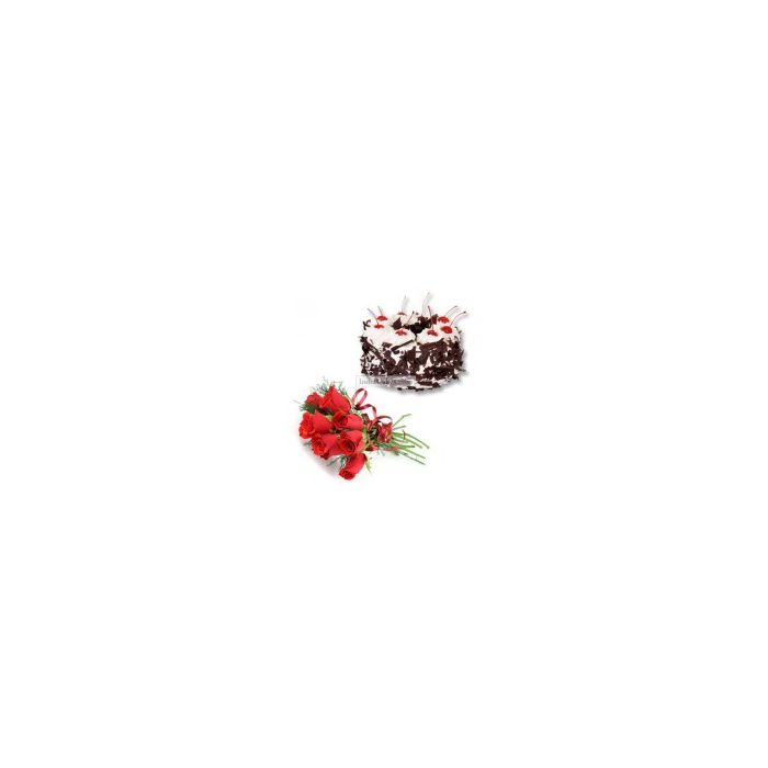 Eggless Black Forest Cake Half Kg with 6 Red Roses Bunch Eggless Black Forest Cake Half Kg with 6 Red Roses Bunch