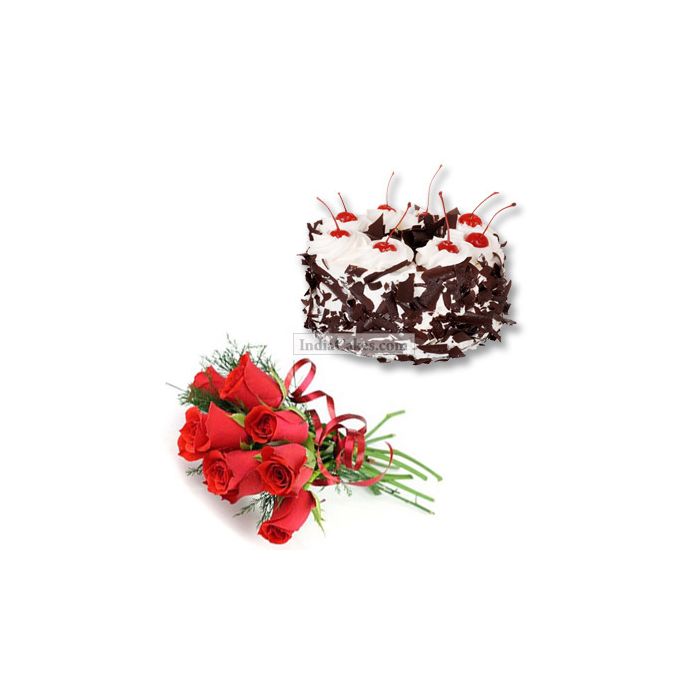 Eggless Black Forest Cake 1 Kg with 6 Red Roses Bunch Eggless Black Forest Cake 1 Kg with 6 Red Roses Bunch