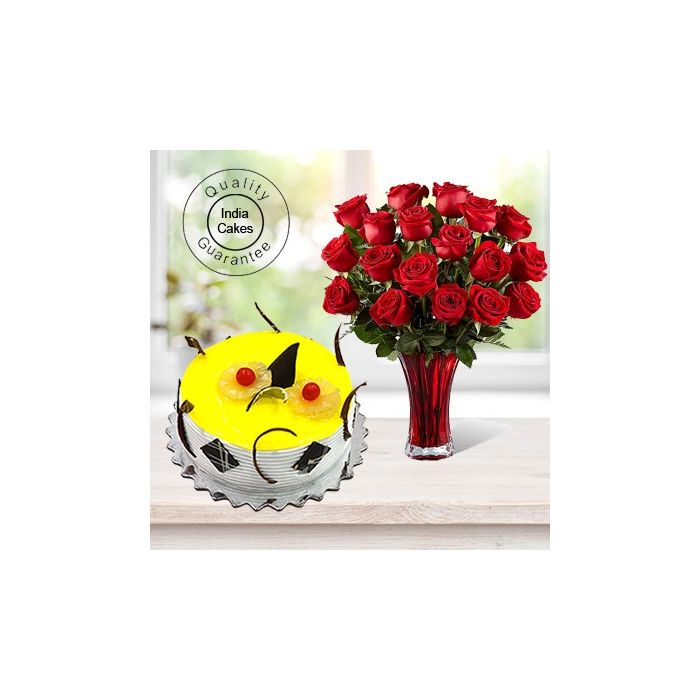 1.5 Kg Pineapple Cake with 6 Red Roses Bunch 1.5 Kg Pineapple Cake with 6 Red Roses Bunch