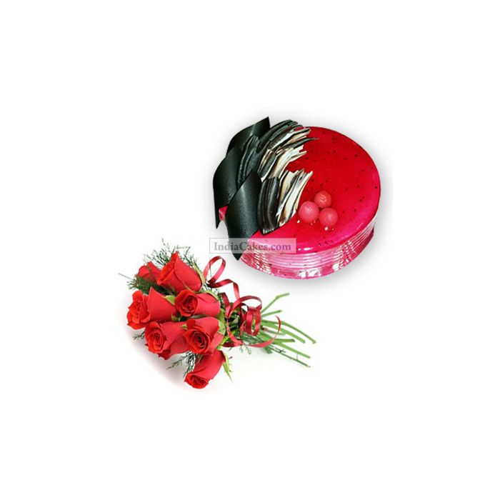 Eggless Strawberry Cake 1 Kg with 6 Red Roses Bunch Eggless Strawberry Cake 1 Kg with 6 Red Roses Bunch