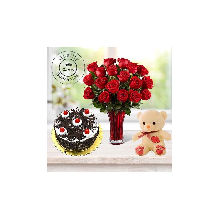 Eggless Black Forest Cake Half Kg with 6 Red Roses Bunch and a Teddy Bear