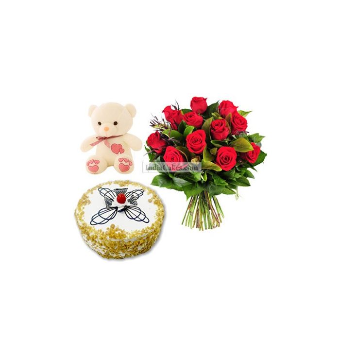 1 Kg Butter Scotch Cake-6 Red Roses Bunch-Teddy Bear