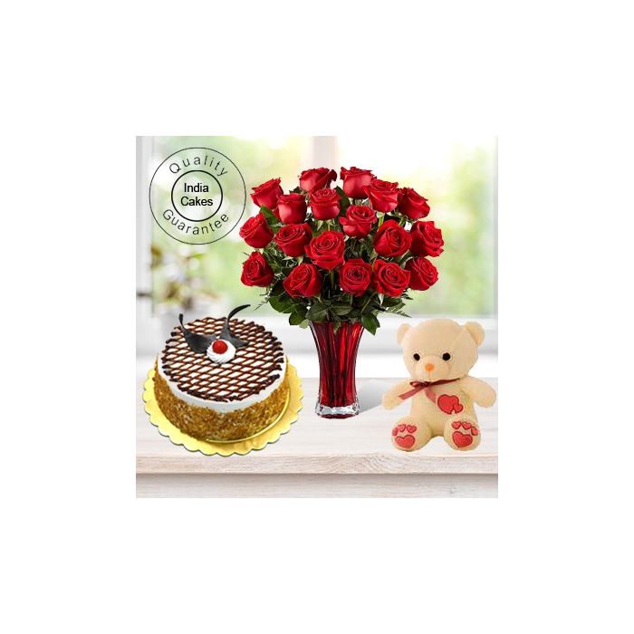 1.5 Kg Butter Scotch -6 Red Roses Bunch-Teddy Bear 1.5 Kg Butter Scotch -6 Red Roses Bunch-Teddy Bear