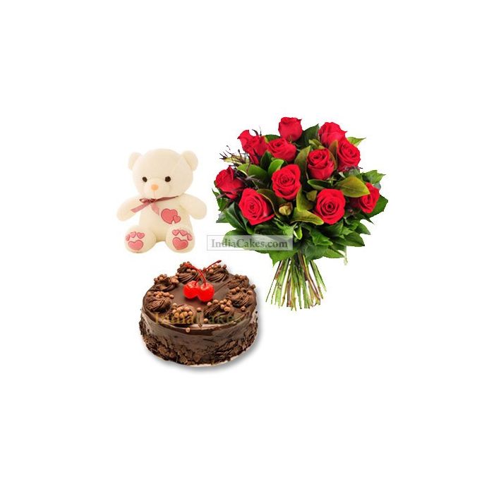 1 Kg Chocolate Truffle Cake-6 Red Roses Bunch-Teddy Bear 1 Kg Chocolate Truffle Cake-6 Red Roses Bunch-Teddy Bear