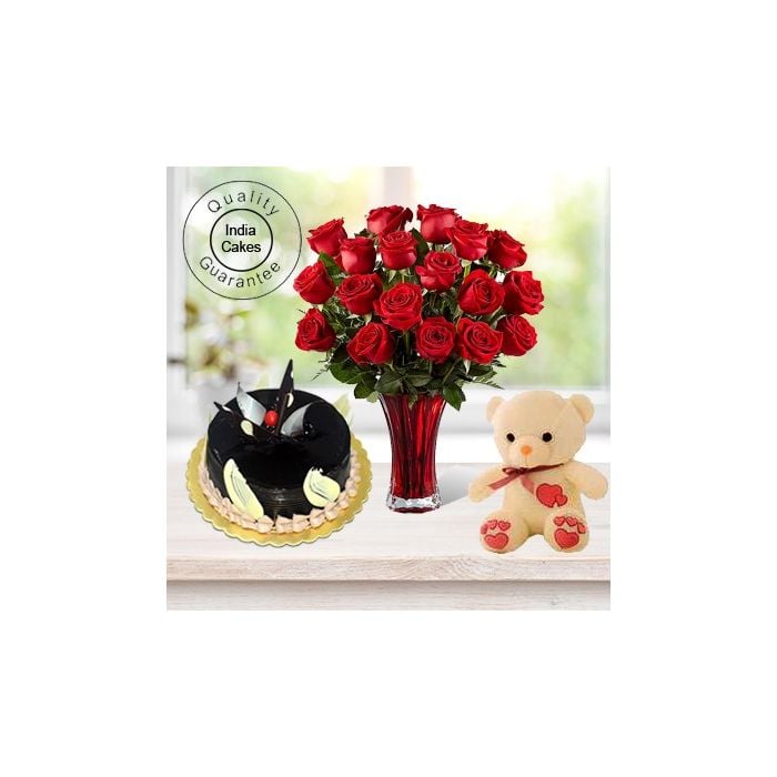 1 Kg Chocolate Truffle Cake-6 Red Roses Bunch-Teddy Bear 1 Kg Chocolate Truffle Cake-6 Red Roses Bunch-Teddy Bear