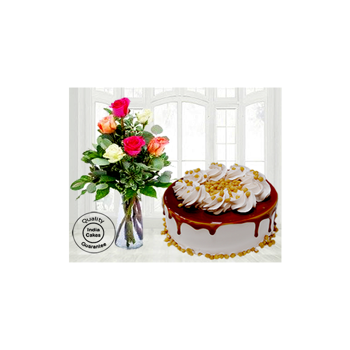 Delicious Butterscotch Cake Half Kg with 6 Mix Roses