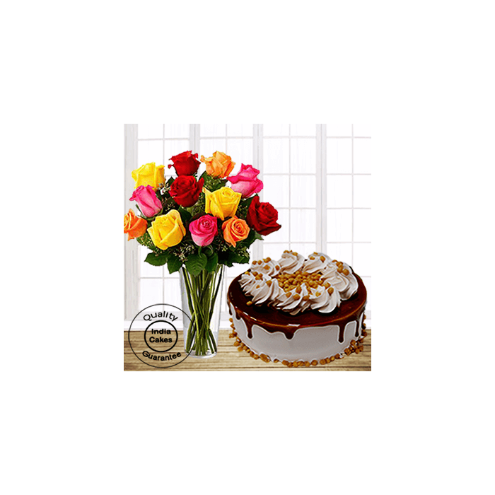 Delicious Butterscotch Half Kg Cake with 12 Mix Roses Delicious Butterscotch Half Kg Cake with 12 Mix Roses