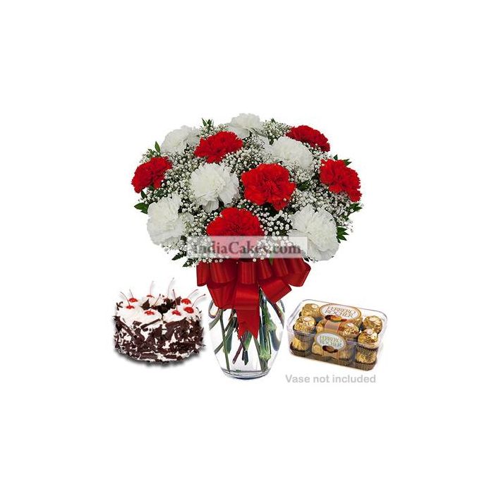 10 Red And White Carnations Bunch And Half Kg Black Forest Cake With 16 Pieces Ferrero Rochers Chocolates
