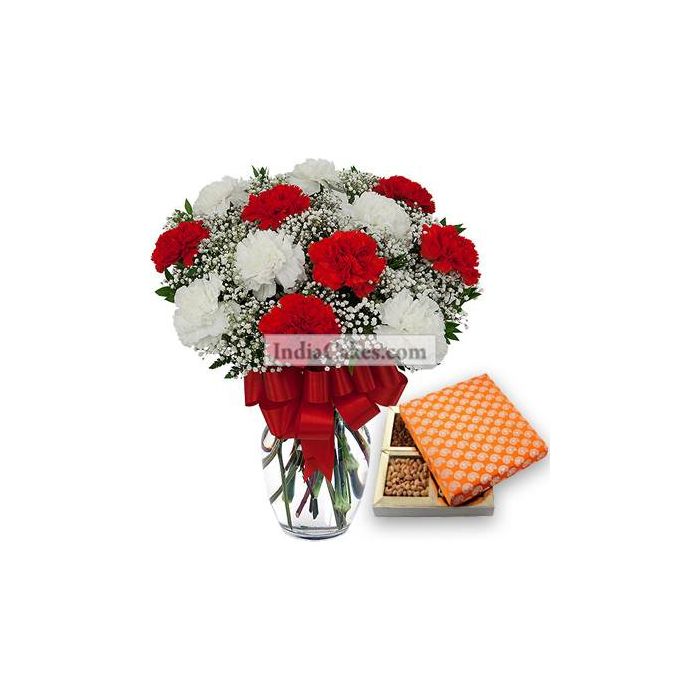 12 Red And White Carnation Bunch And Half Kg Dry Fruits 12 Red And White Carnation Bunch And Half Kg Dry Fruits