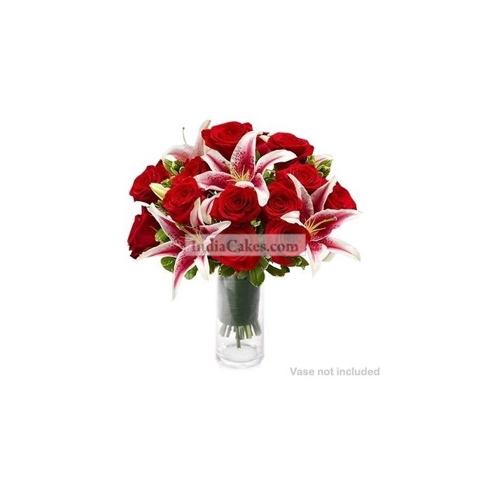 12 Red Rose And Red Lillies Bunch 12 Red Rose And Red Lillies Bunch