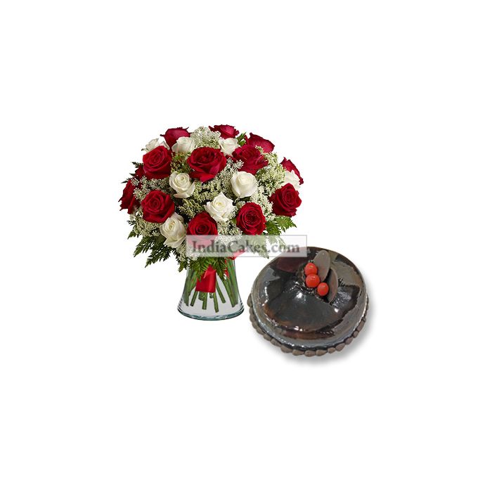 20 Red And White Roses Bunch And Half Kg Chocolate Cake 20 Red And White Roses Bunch And Half Kg Chocolate Cake