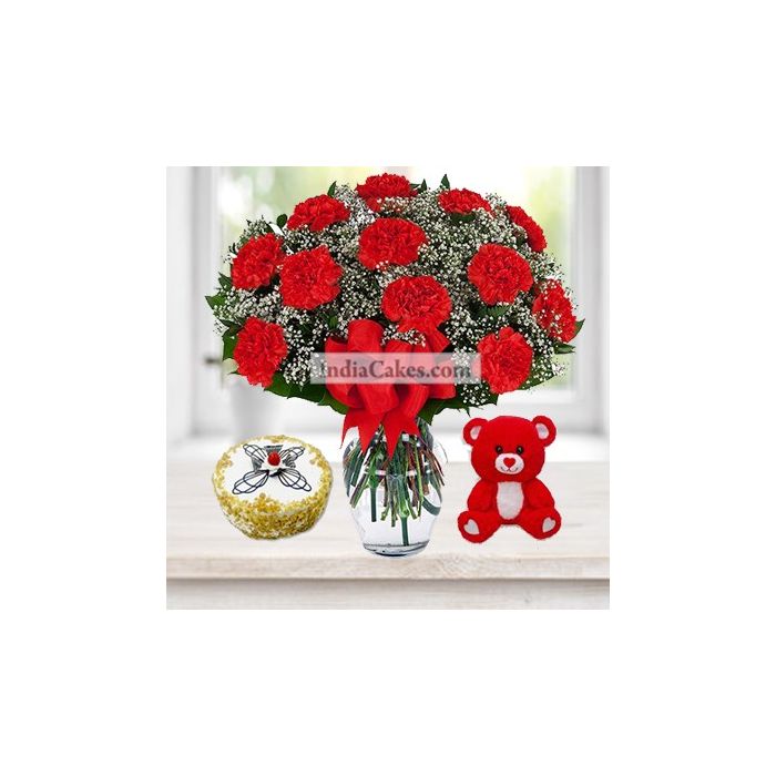 25 Red Carnations Bunch And Half Kg Butter Scotch Cake, 6 Inch Teddy 25 Red Carnations Bunch And Half Kg Butter Scotch Cake, 6 Inch Teddy
