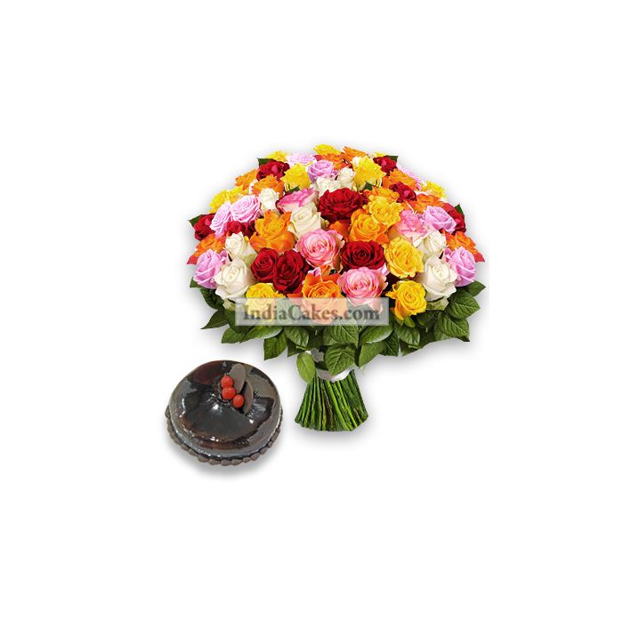 50 Mixed Roses Bunch and Half Kg Chocolate Cake 50 Mixed Roses Bunch and Half Kg Chocolate Cake