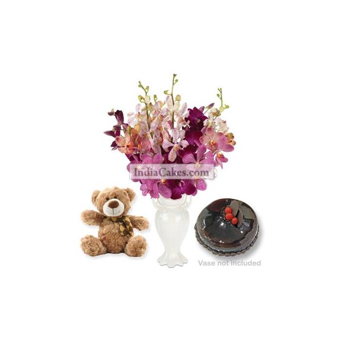 6 Orchids Bunch And Half Kg Chocolate Cake With 6 Inch Teddy