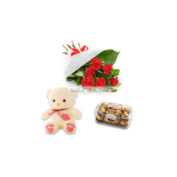 12 Red Roses Bunch, 6 Inch Teddy and 16 Ferrero Rochers Chocolates