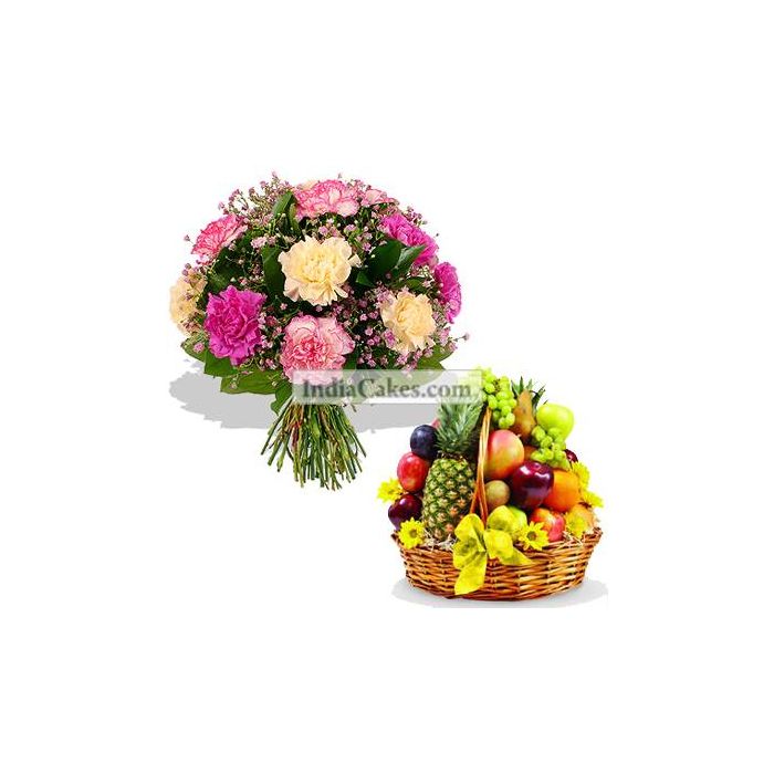 10 Mixed Carnations Bunch And 2 Kg Fresh Fruits Basket 10 Mixed Carnations Bunch And 2 Kg Fresh Fruits Basket