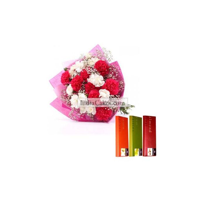10 Pink and White Carnations Bunch And 3 Cadbury Temptation Chocolates 10 Pink and White Carnations Bunch And 3 Cadbury Temptation Chocolates