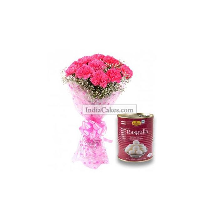 10 Pink Carnations Bunch And 1 Kg Rasgullas 10 Pink Carnations Bunch And 1 Kg Rasgullas