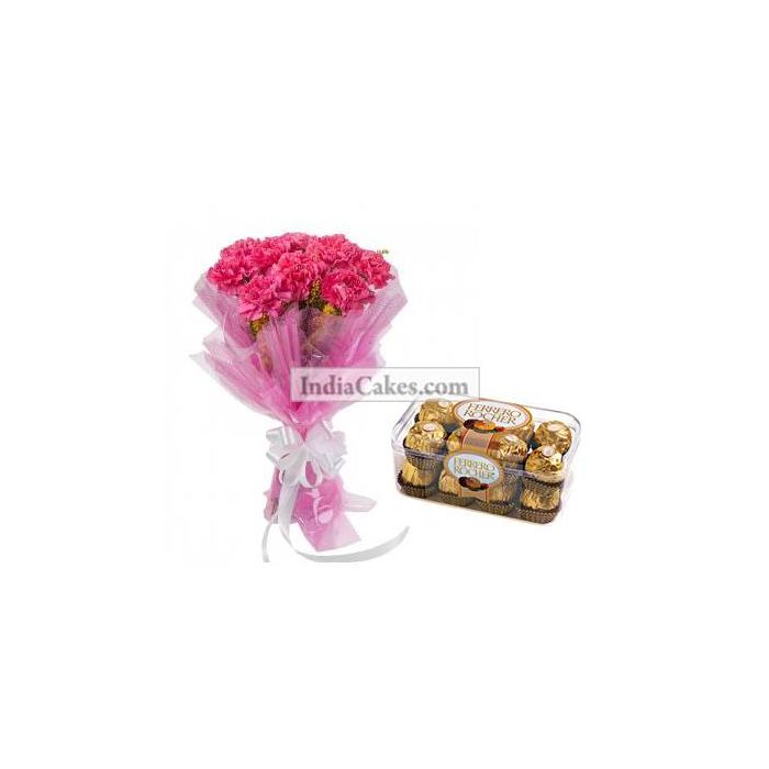10 Pink Carnations Bunch And 16 Ferrero Rocher Chocolates 10 Pink Carnations Bunch And 16 Ferrero Rocher Chocolates