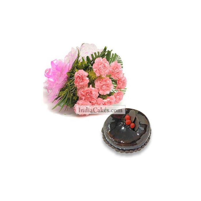 10 Pink Carnations Bunch And Half Kg Chocolate Cake