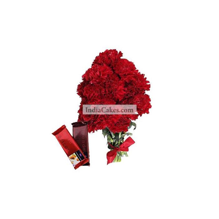 10 Red Carnations Bunch And 2 Cadbury Temptation
