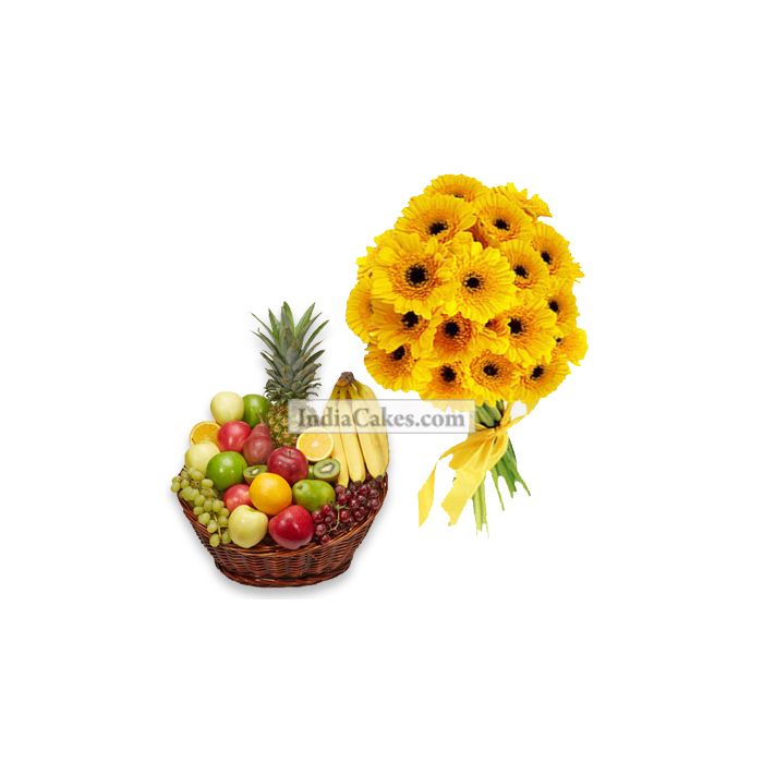 10 Yellow Gerberas Bunch And Basket Of 2 Kg Fresh Fruits 10 Yellow Gerberas Bunch And Basket Of 2 Kg Fresh Fruits