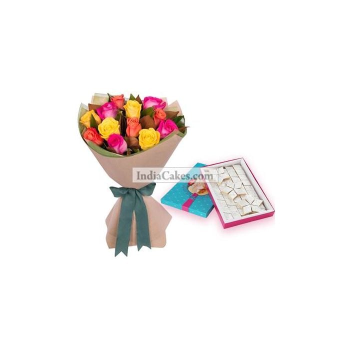 12 Mix Coloured Roses And Pack Of Half Kg Kaju Katli Sweets 12 Mix Coloured Roses And Pack Of Half Kg Kaju Katli Sweets