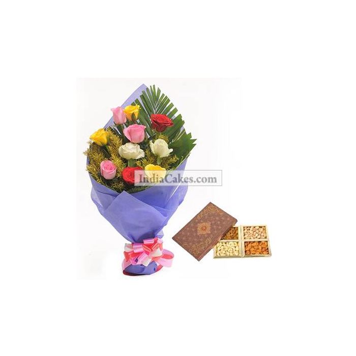 12 Mix Roses Bunch And Half Kg Dry Fruits Pack 12 Mix Roses Bunch And Half Kg Dry Fruits Pack