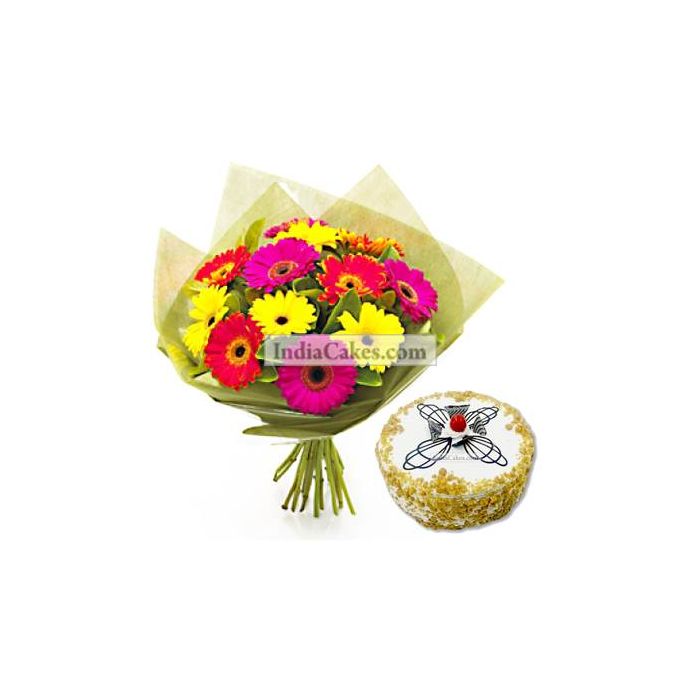12 Mixed Gerberas Bunch And Half Kg Butter Scotch Cake